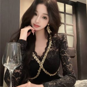 French Style V-Neck Sequin Lace Mermaid Bodycon Mini Dress - Style 7649d2