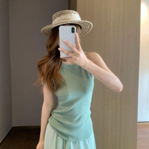 Korean Style Open Knit Linen Blend Tank Top for Women Summer New Slimming Sleeveless Vest