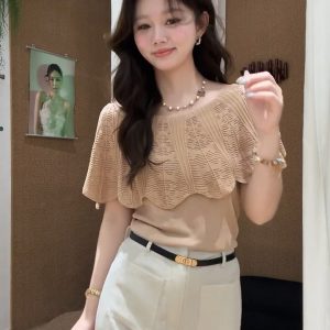 Off-Shoulder Ruffle Cutout Knit Top in Orange Pink - Style be0f57