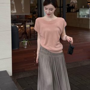 Korean Style Soft Lazy Pink Ice Silk Knit Short Sleeve Women Summer Top - Style b72ed2