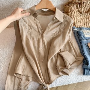 Summer French Style Floral Embroidered Tie Shirt Women Sun Protection Cardigan Outer Top - Style fcfb65