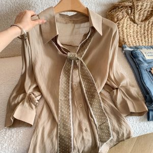 Women's Old Money Style Long Sleeve Shirt with Scarf Ribbon Summer Loose Thin Slimming Five-Quarter Sleeve Commute Solid Top