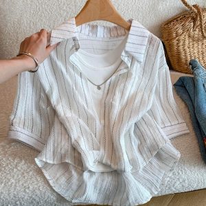 Women's Striped Short Sleeve Shirt Summer 2026 Lazy Style Knot Waist Korean Casual