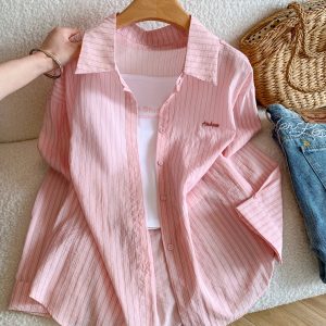 Summer Korean Style Pink Striped Embroidered Letter Shirt Women Loose Sun Protection Blouse