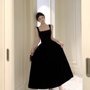 French Style Sleeveless A-Line Long Dress with Square Neck and High Waist
