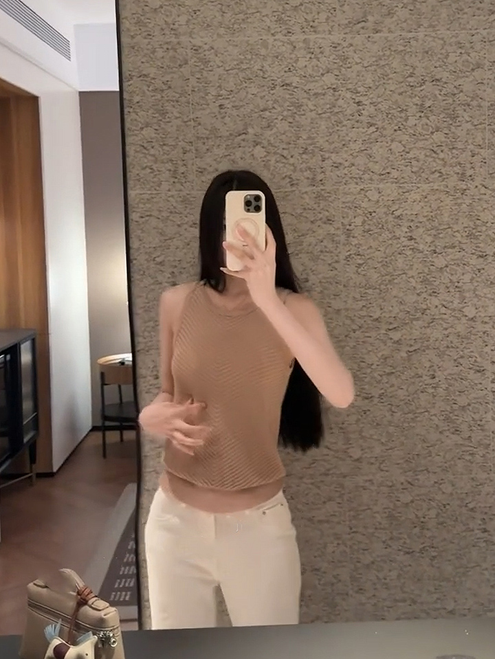 Khaki Sleeveless Knit Cami Top for Women Summer French Style - Image 4