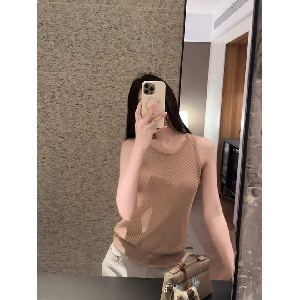 Khaki Sleeveless Knit Cami Top for Women Summer French Style - Image 5