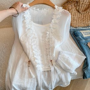 Korean Romantic Vintage Lace Embroidered Two-Piece Long Sleeve Cardigan Shirt - Style bed4c8