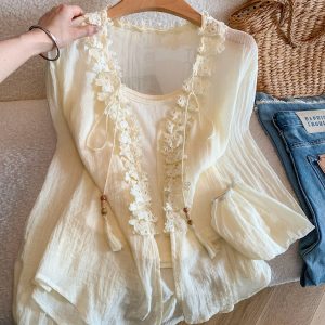 Korean Romantic Vintage Lace Embroidered Two-Piece Long Sleeve Cardigan Shirt - Style bed4d4