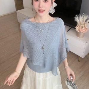 Korean Style Cape Patchwork Knit Top Women Summer New Design Fake Two Piece Layered Pullover