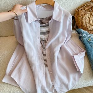 Lightweight Solid Sun Protection Summer Shirt Long Sleeve Loose Two-Piece Set with Striped Vest
