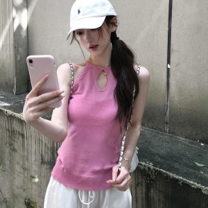 Neon Love Letter Waterdrop Cutout Multi-Knit Halter Knit Cami Top - Style 63a337