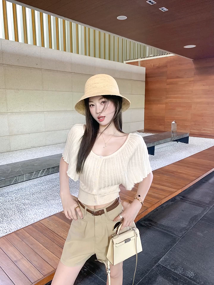 New 2026 Summer 100% Wool Knit Top with Accordion Pleats and Round Neck