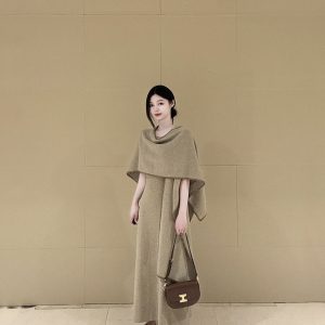 Slimming Waist-Cinched Knit Dress and Shawl Two-Piece Set