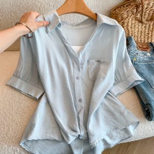 Women's Faux Two-Piece Short Sleeve Shirt Summer Lightweight Top