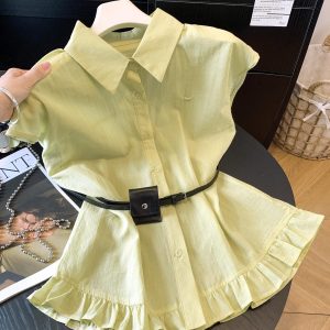 Women's French Style Polo Collar Short Sleeve Shirt Loose Fit Summer Top - Style becc48