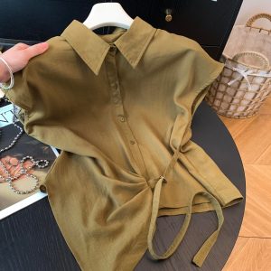 Women's Korean Style Tencel Linen Blend Irregular Waist Tie Short Sleeve Shirt - Style bec9de