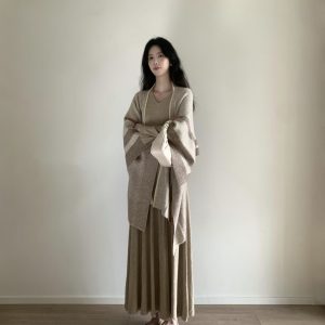 Women's Lazy Style Striped Color Block Knit Dress and Shawl Two Piece Set for Autumn Winter