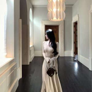 Women's Waist-Cinched Long Sleeve Knit Dress Early Autumn Petite Inner Layer Long Skirt
