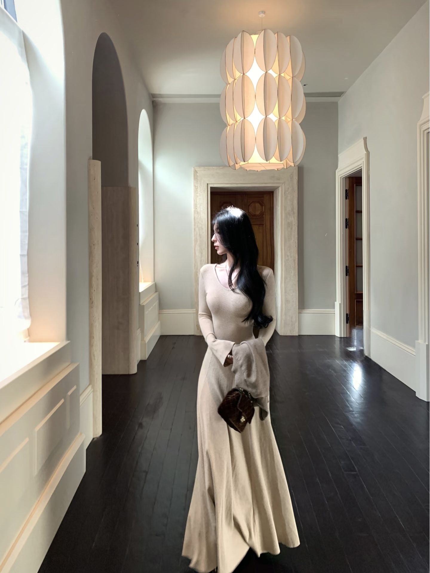 Women's Waist-Cinched Long Sleeve Knit Dress Early Autumn Petite Inner Layer Long Skirt