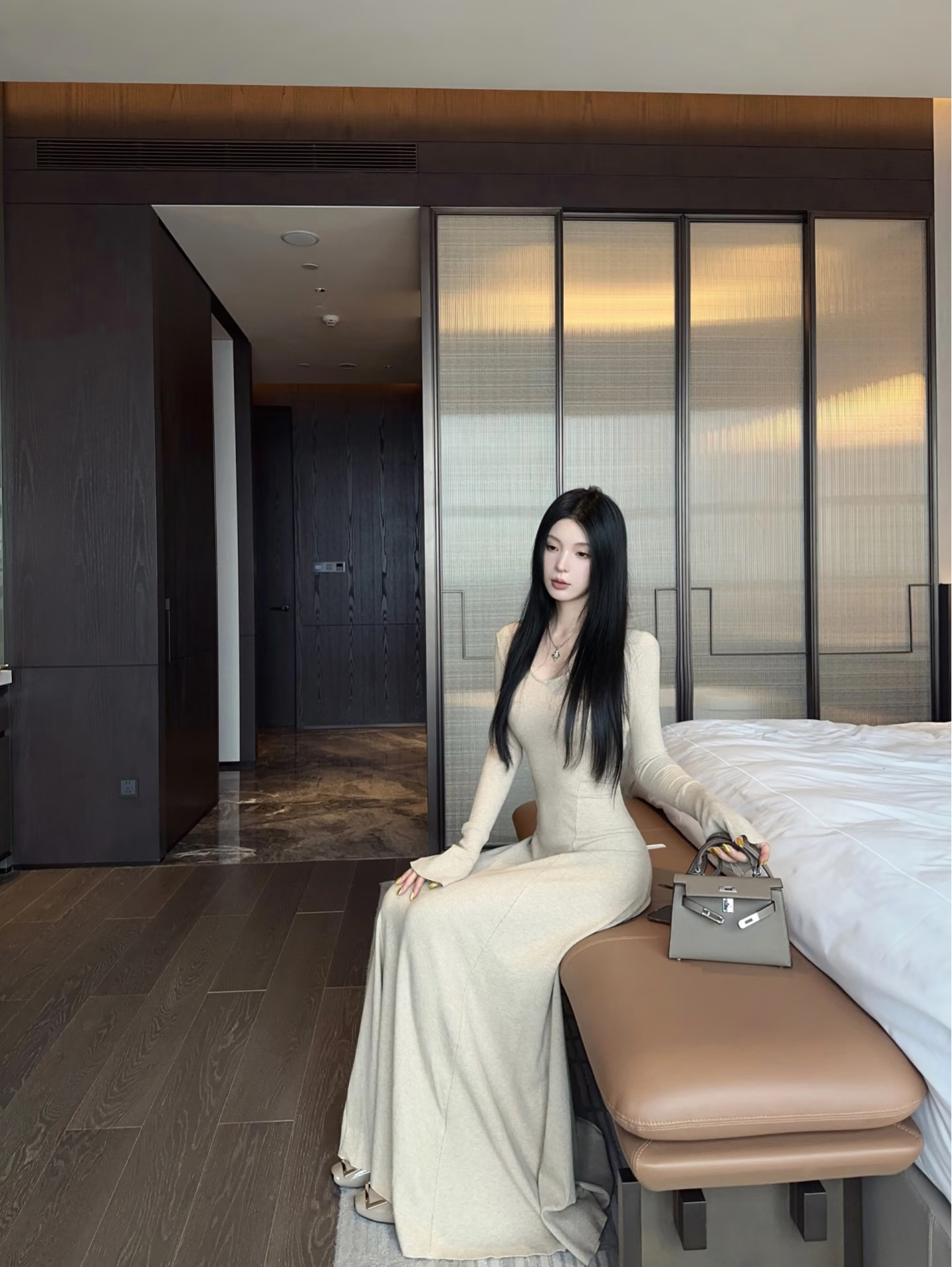 Women's Waist-Cinched Long Sleeve Knit Dress Early Autumn Petite Inner Layer Long Skirt - Image 2