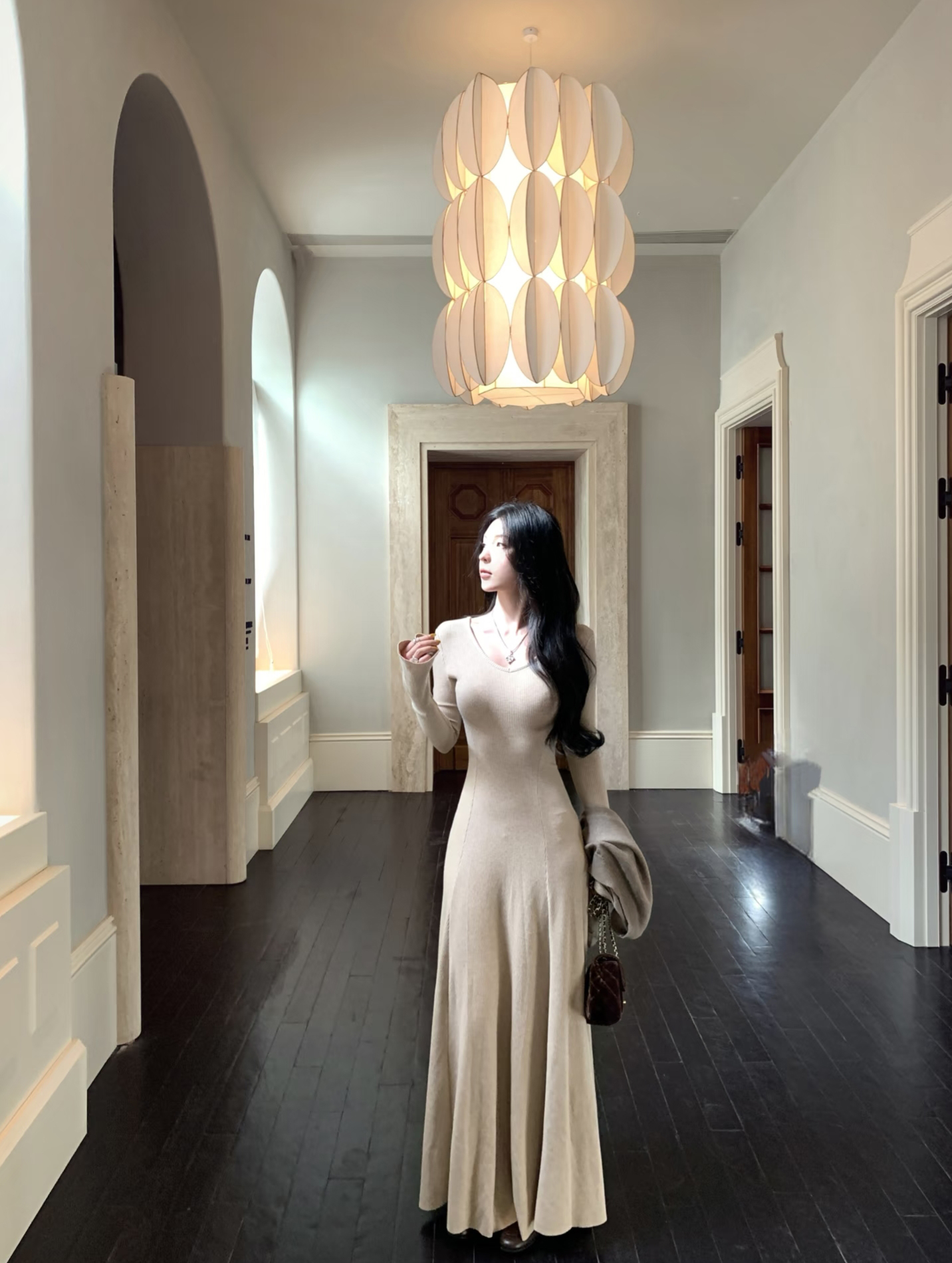 Women's Waist-Cinched Long Sleeve Knit Dress Early Autumn Petite Inner Layer Long Skirt - Image 3
