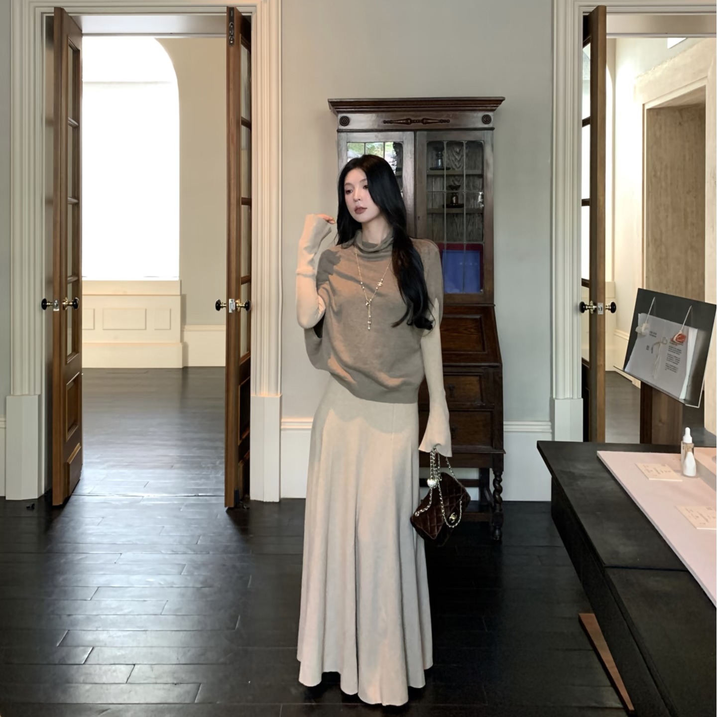 Women's Waist-Cinched Long Sleeve Knit Dress Early Autumn Petite Inner Layer Long Skirt - Image 5