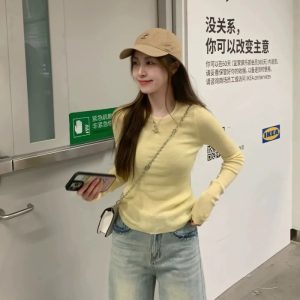Yellow Pullover Knit Base Layer Top for Women